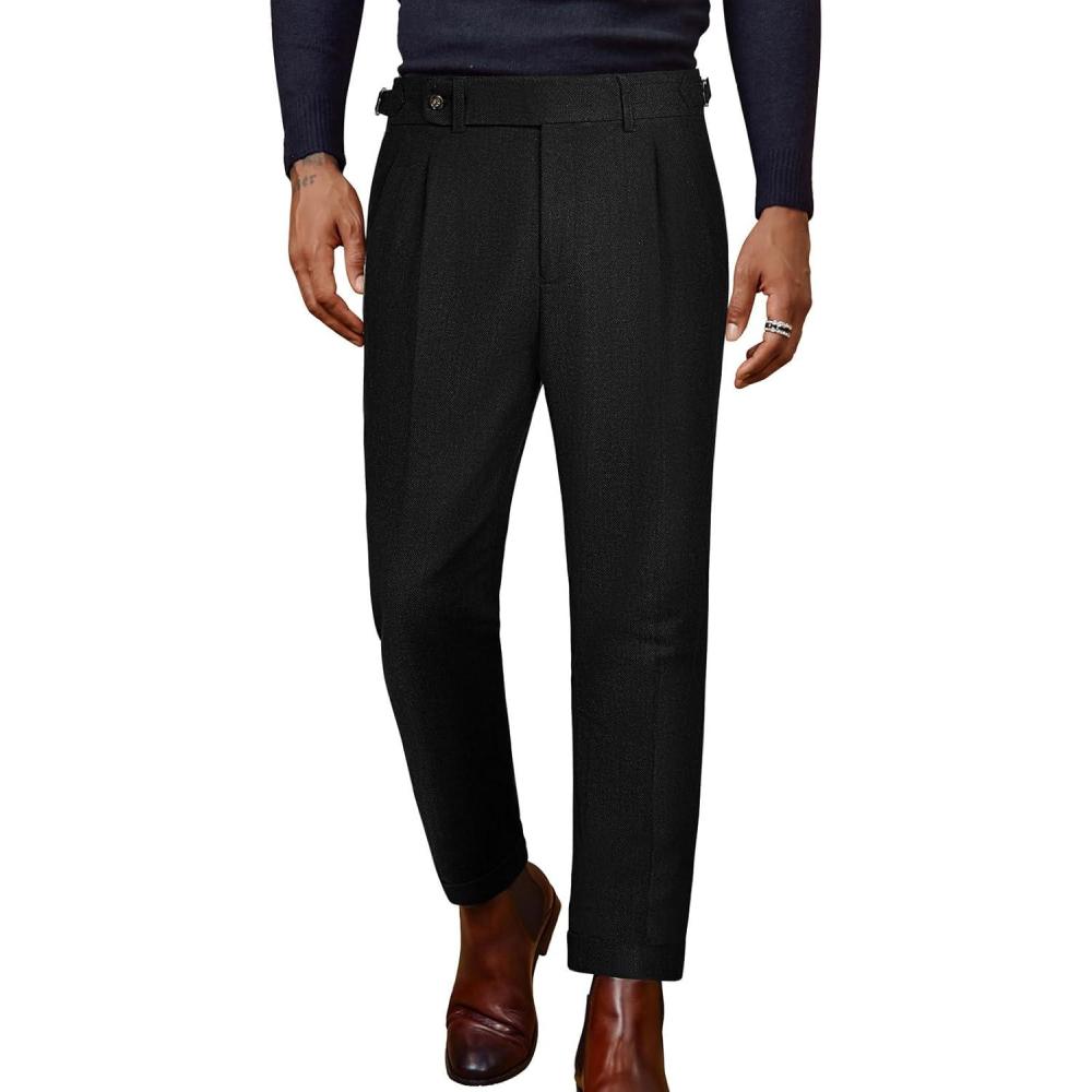 imagePJ PAUL JONES Men Vintage Tweed Pants Herringbone Pleated Suit TrousersBlack