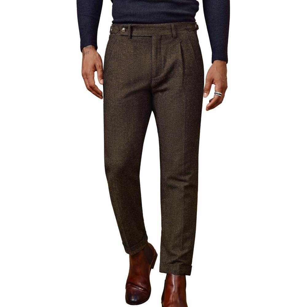 imagePJ PAUL JONES Men Vintage Tweed Pants Herringbone Pleated Suit TrousersBrown