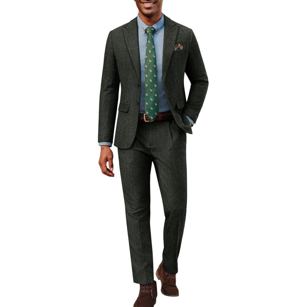 imagePJ PAUL JONES Mens 2 Piece Suit Vintage Herringbone Tweed Suits 2 Button Peak Lapel Blazer Pants SetArmy Green