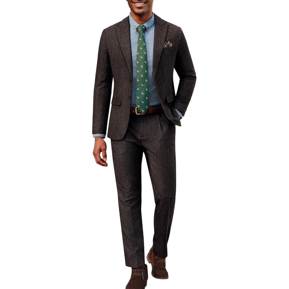 imagePJ PAUL JONES Mens 2 Piece Suit Vintage Herringbone Tweed Suits 2 Button Peak Lapel Blazer Pants SetCoffee