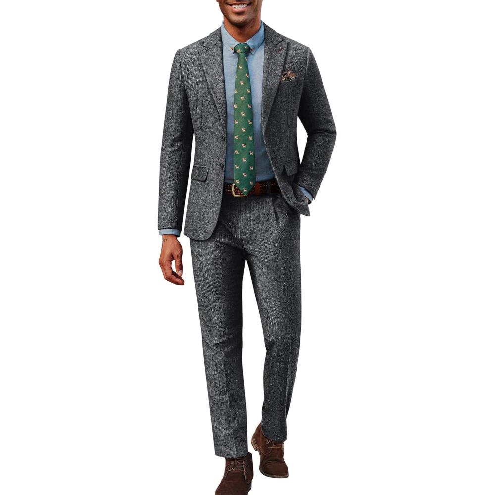 imagePJ PAUL JONES Mens 2 Piece Suit Vintage Herringbone Tweed Suits 2 Button Peak Lapel Blazer Pants SetGrey