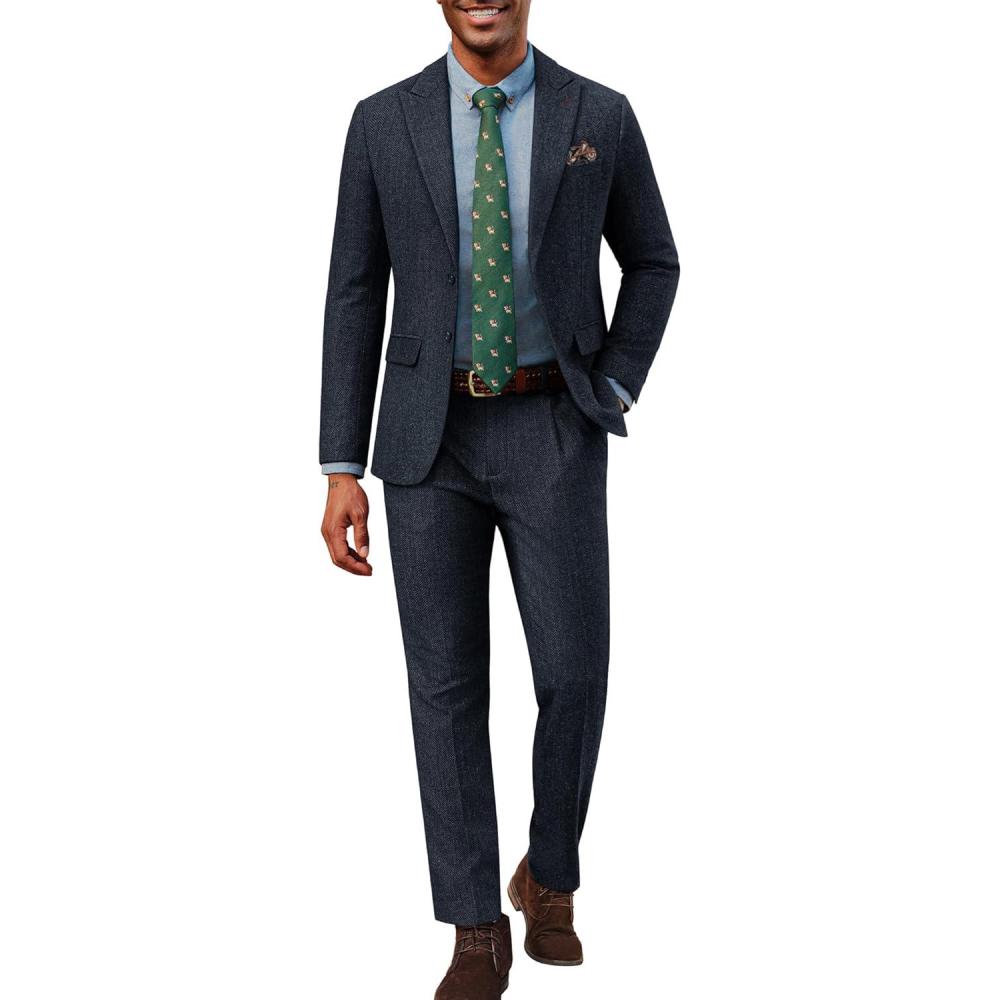imagePJ PAUL JONES Mens 2 Piece Suit Vintage Herringbone Tweed Suits 2 Button Peak Lapel Blazer Pants SetNavy Blue