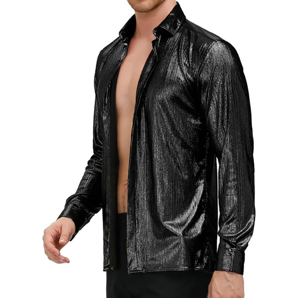 imagePJ PAUL JONES Mens 70s Disco Shirts Luxury Metallic Sequins Button Down Long Sleeve Party Shirt Nightclub Costume TopsBlack