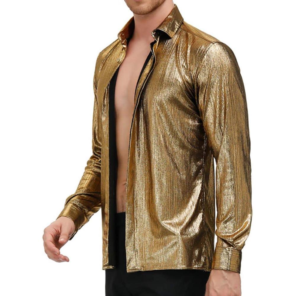 imagePJ PAUL JONES Mens 70s Disco Shirts Luxury Metallic Sequins Button Down Long Sleeve Party Shirt Nightclub Costume TopsGold