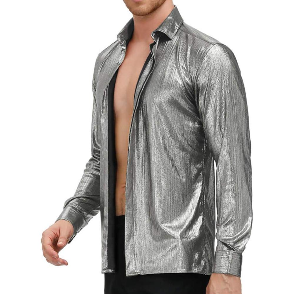 imagePJ PAUL JONES Mens 70s Disco Shirts Luxury Metallic Sequins Button Down Long Sleeve Party Shirt Nightclub Costume TopsSilver