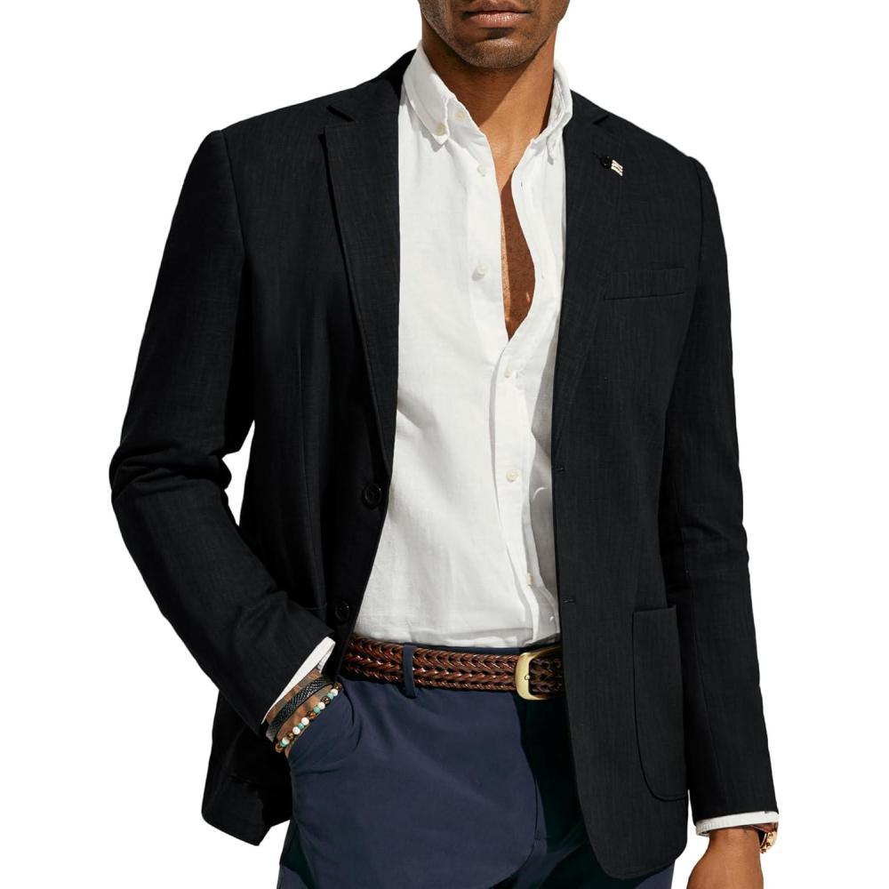 imagePJ PAUL JONES Mens Blazer Casual CottonLinen Sport Coat Lightweight 2 Button Unlined Suit JacketsBlack