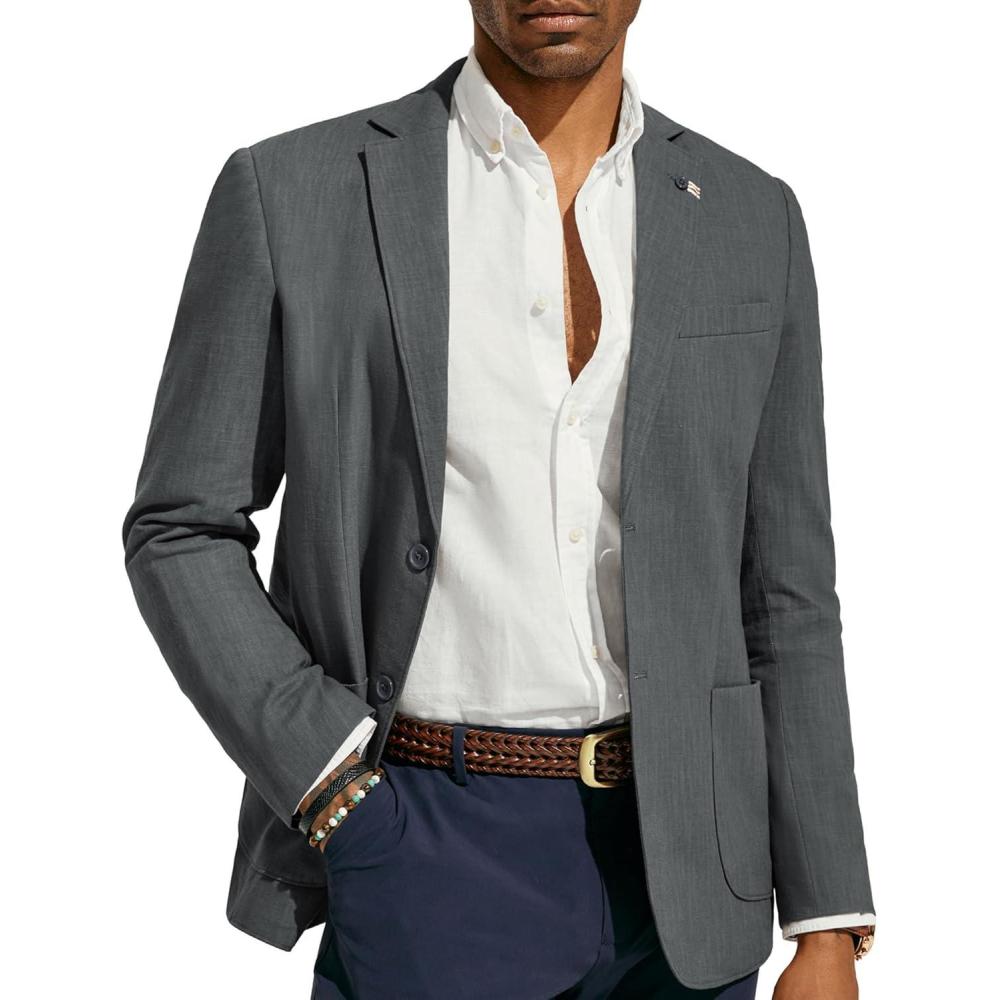imagePJ PAUL JONES Mens Blazer Casual CottonLinen Sport Coat Lightweight 2 Button Unlined Suit JacketsDark Gray