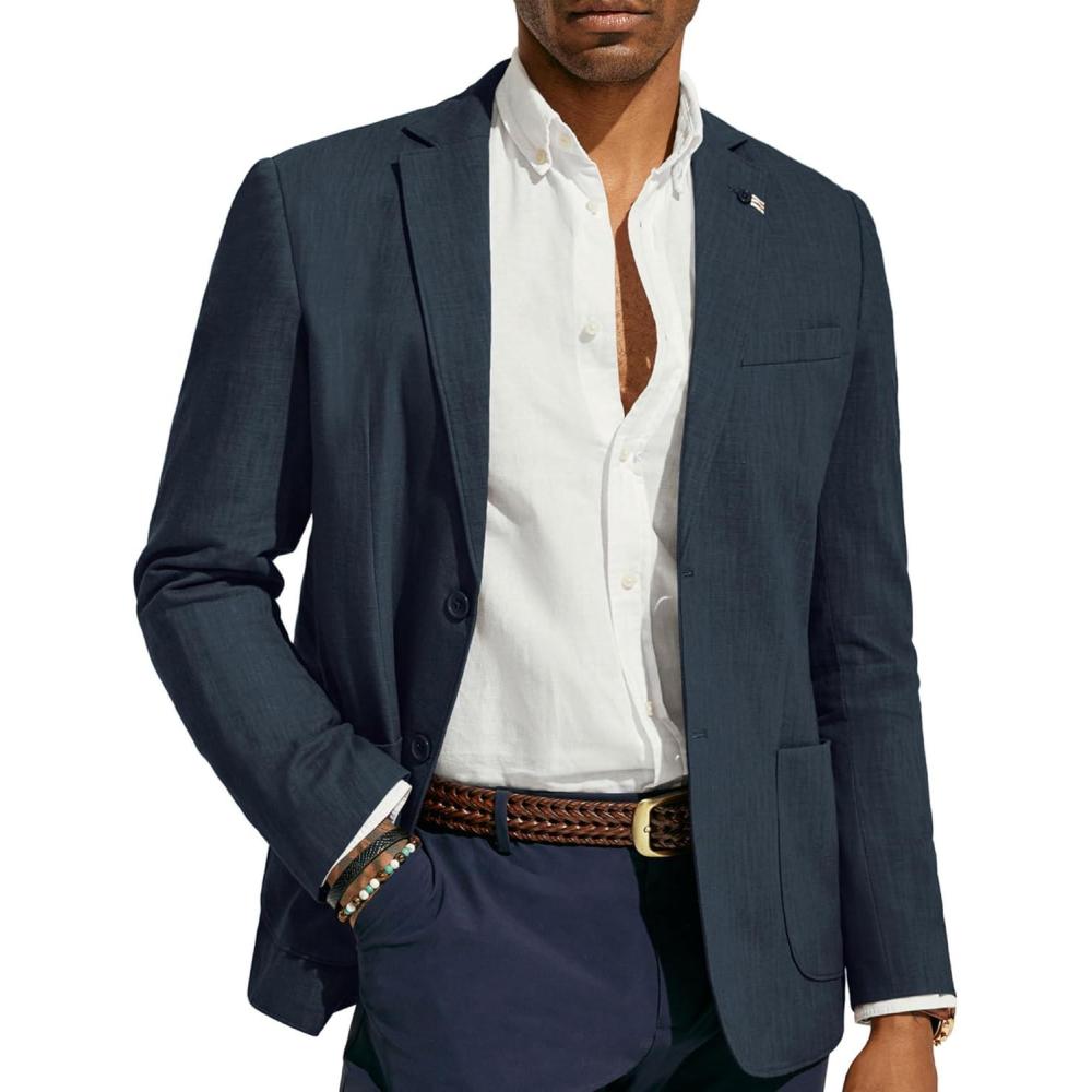 imagePJ PAUL JONES Mens Blazer Casual CottonLinen Sport Coat Lightweight 2 Button Unlined Suit JacketsGrey Blue
