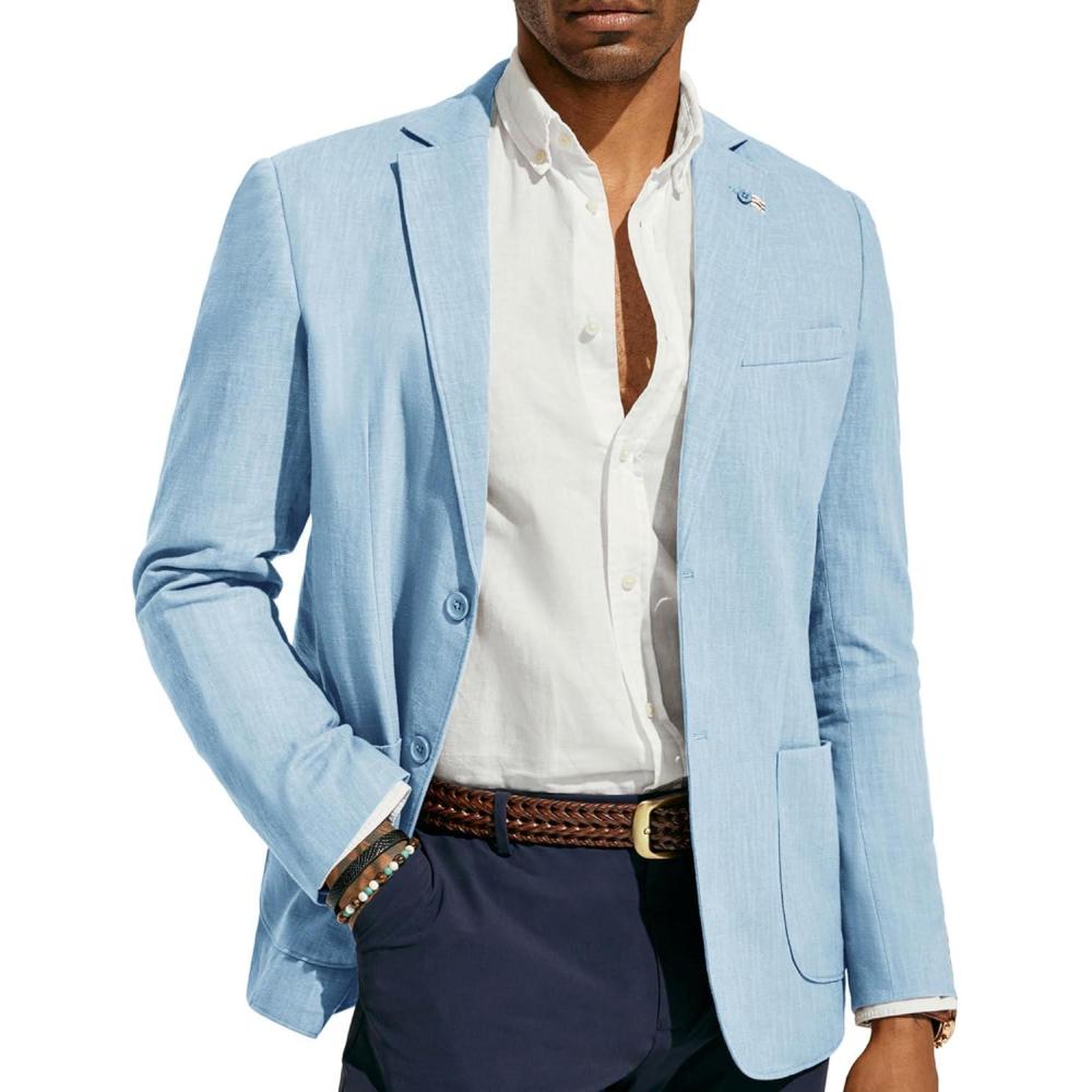 imagePJ PAUL JONES Mens Blazer Casual CottonLinen Sport Coat Lightweight 2 Button Unlined Suit JacketsLight Blue