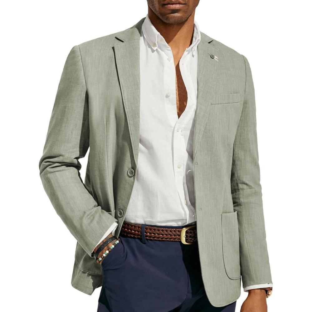 imagePJ PAUL JONES Mens Blazer Casual CottonLinen Sport Coat Lightweight 2 Button Unlined Suit JacketsLight Green