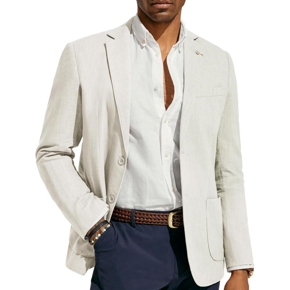imagePJ PAUL JONES Mens Blazer Casual CottonLinen Sport Coat Lightweight 2 Button Unlined Suit JacketsWhite