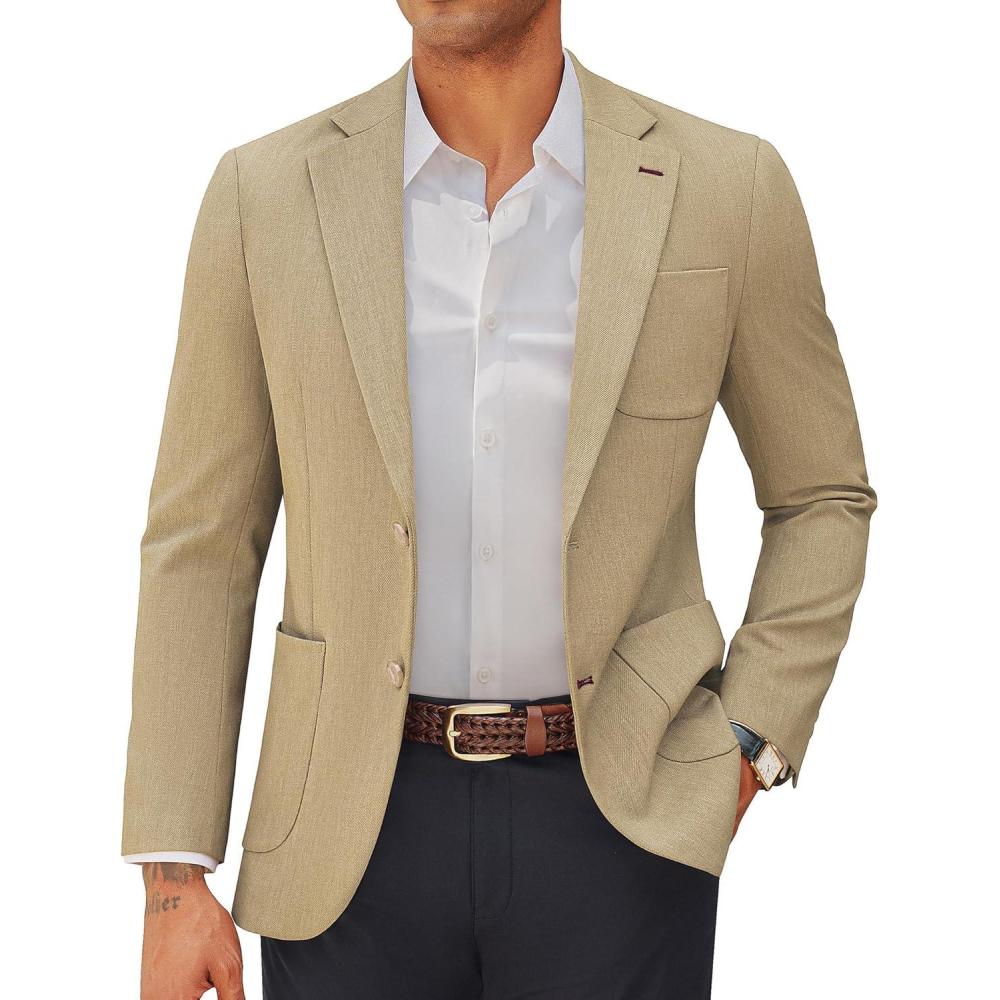 imagePJ PAUL JONES Mens Blazer Casual Two Button Sport Coats Notched Lapel Solid Suit JacketsKhaki