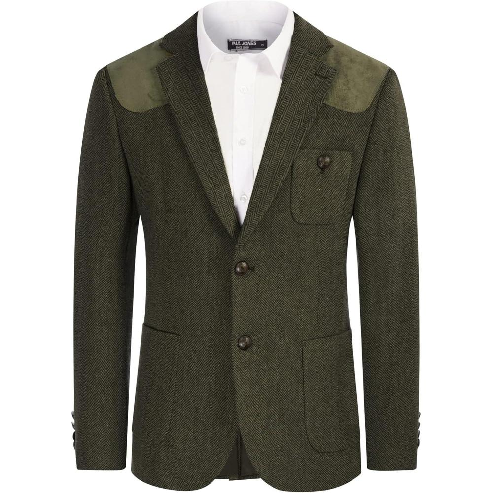 imagePJ PAUL JONES Mens Blazer Herringbone Tweed Sport Coats Two Button Wool Blend Formal JacketArmy Green