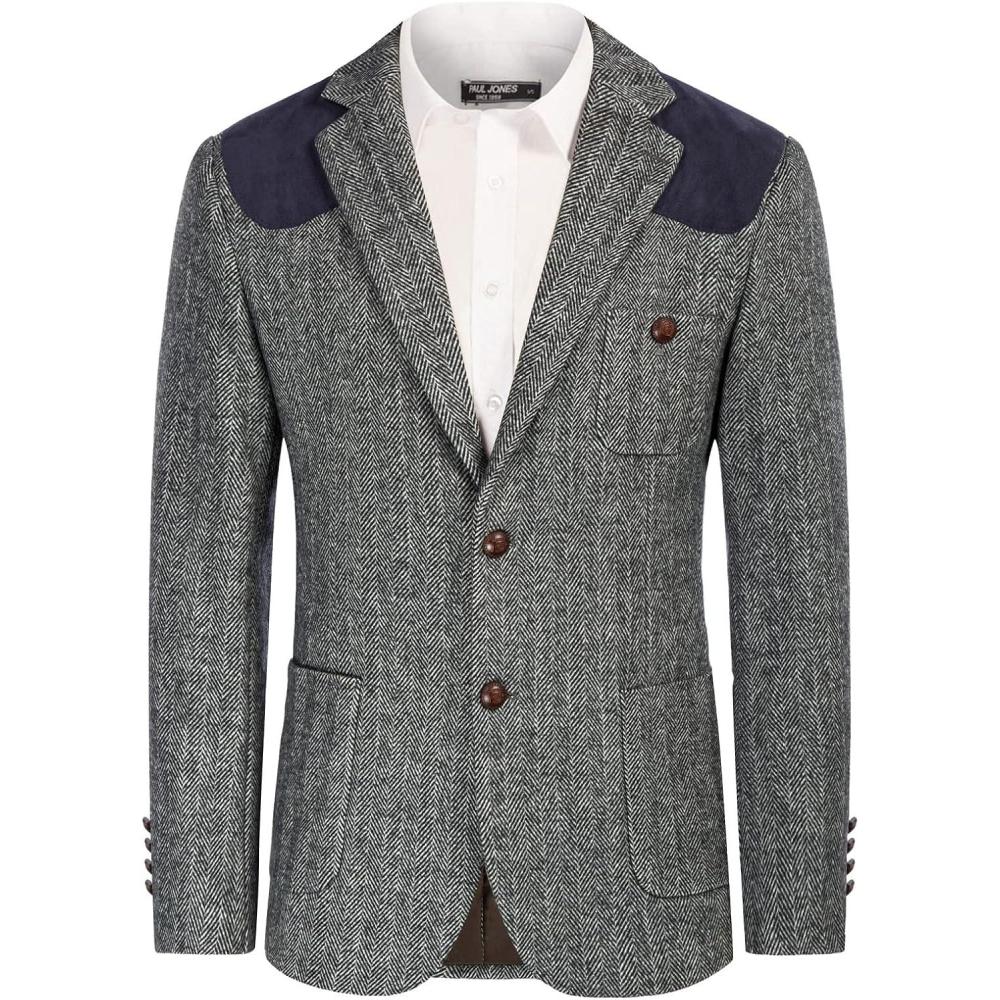 imagePJ PAUL JONES Mens Blazer Herringbone Tweed Sport Coats Two Button Wool Blend Formal JacketBlack