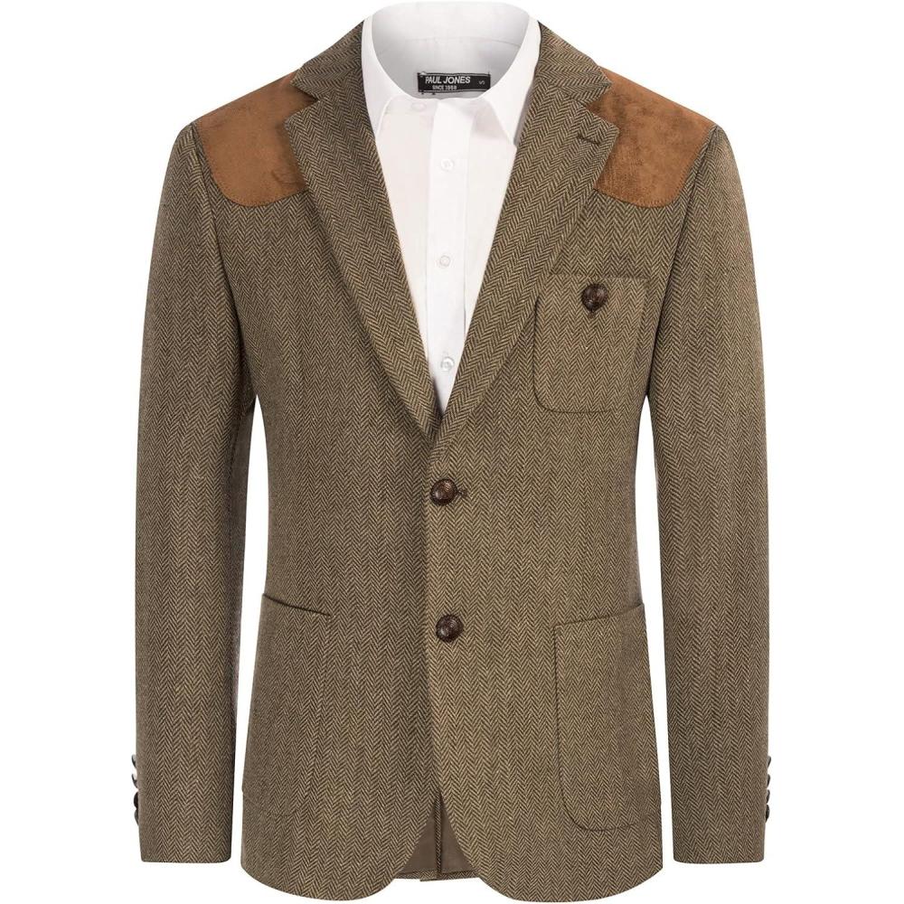 imagePJ PAUL JONES Mens Blazer Herringbone Tweed Sport Coats Two Button Wool Blend Formal JacketCoffee
