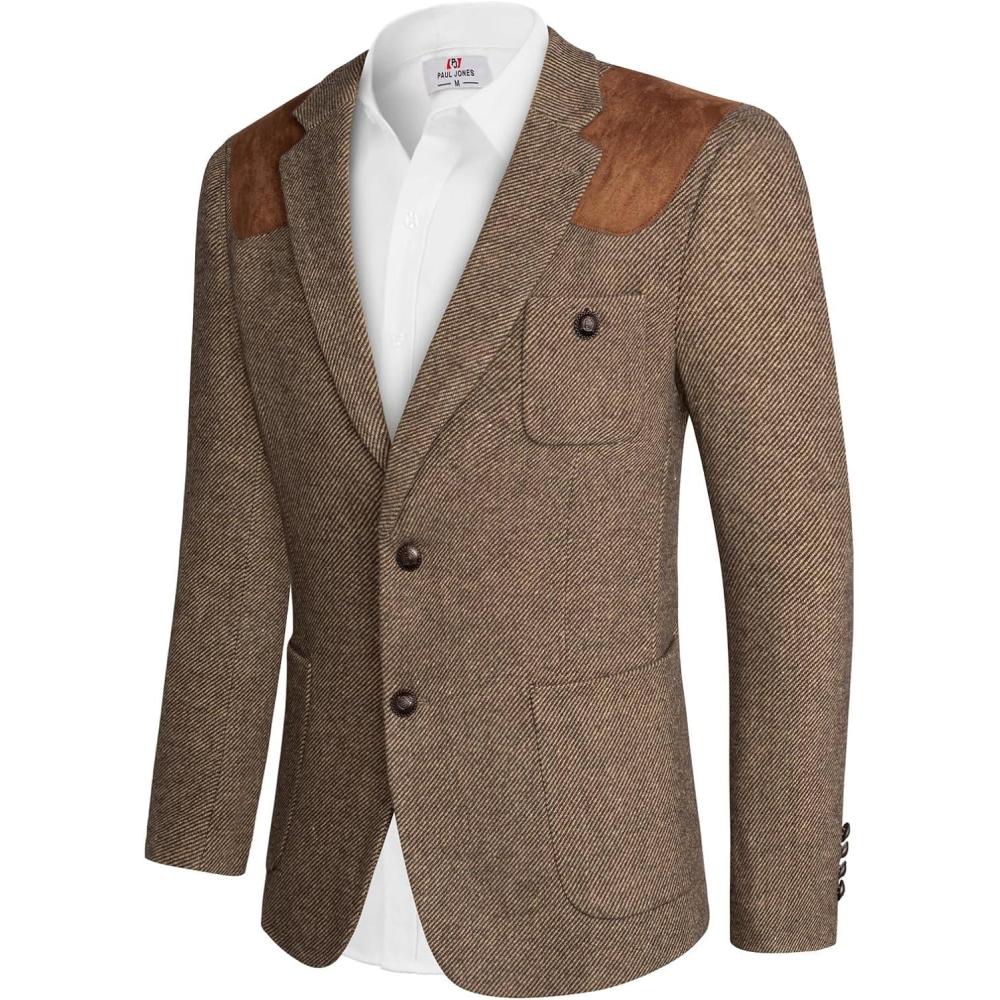 imagePJ PAUL JONES Mens Blazer Herringbone Tweed Sport Coats Two Button Wool Blend Formal JacketDark Coffee