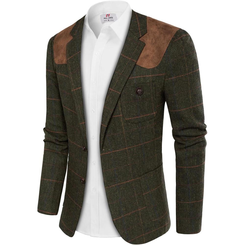 imagePJ PAUL JONES Mens Blazer Herringbone Tweed Sport Coats Two Button Wool Blend Formal JacketDark Green