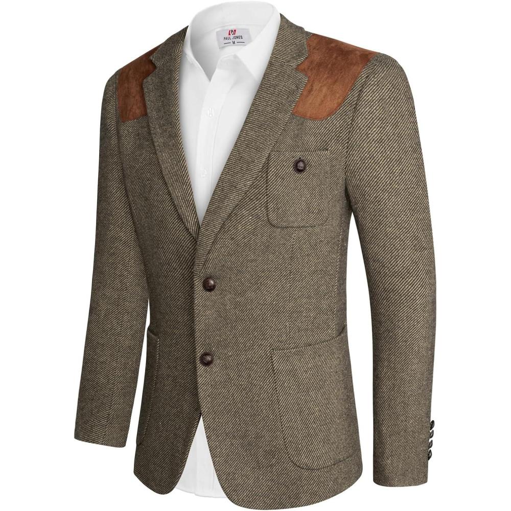 imagePJ PAUL JONES Mens Blazer Herringbone Tweed Sport Coats Two Button Wool Blend Formal JacketNut Brown
