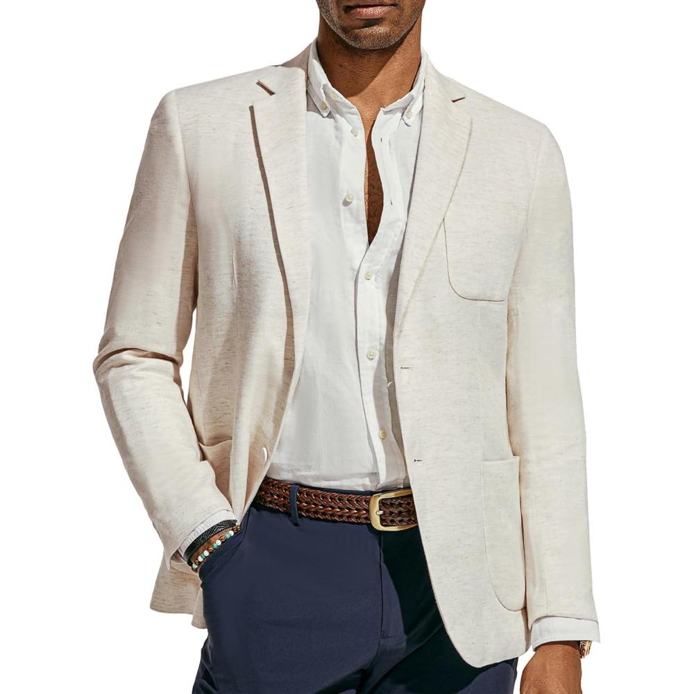 imagePJ PAUL JONES Mens Blazer Jacket Cotton Linen Sports Coats Regular Fit Two Buttons Herringbone Suit JacketsBeige