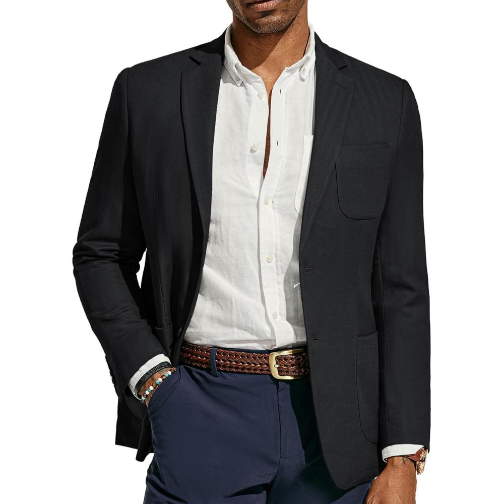 imagePJ PAUL JONES Mens Blazer Jacket Cotton Linen Sports Coats Regular Fit Two Buttons Herringbone Suit JacketsBlack