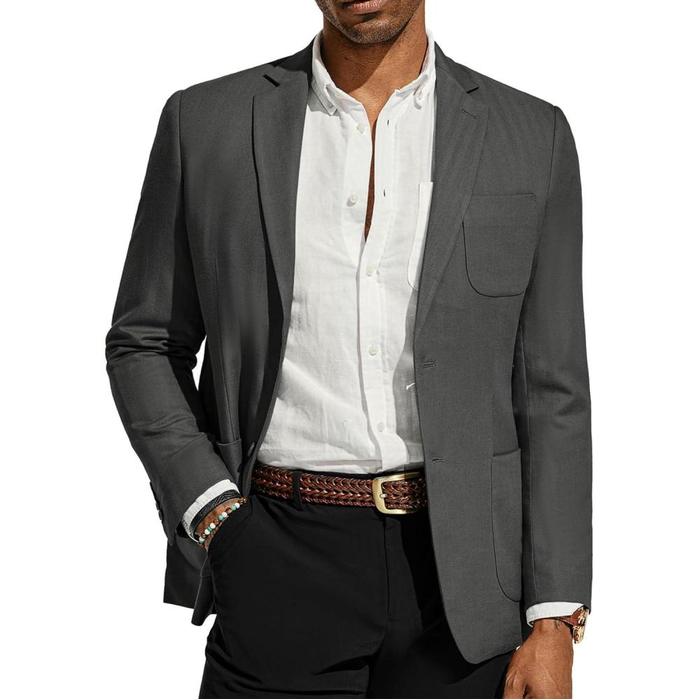 imagePJ PAUL JONES Mens Blazer Jacket Cotton Linen Sports Coats Regular Fit Two Buttons Herringbone Suit JacketsDark Grey