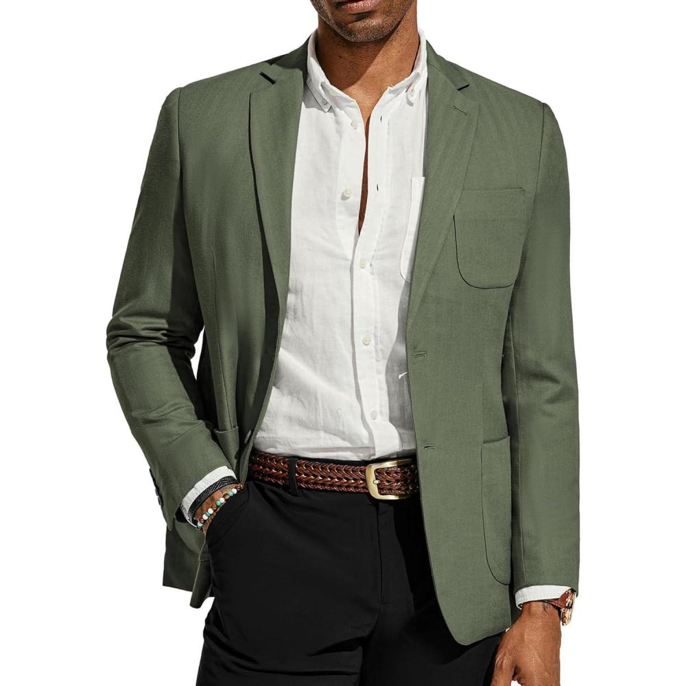 imagePJ PAUL JONES Mens Blazer Jacket Cotton Linen Sports Coats Regular Fit Two Buttons Herringbone Suit JacketsGreen
