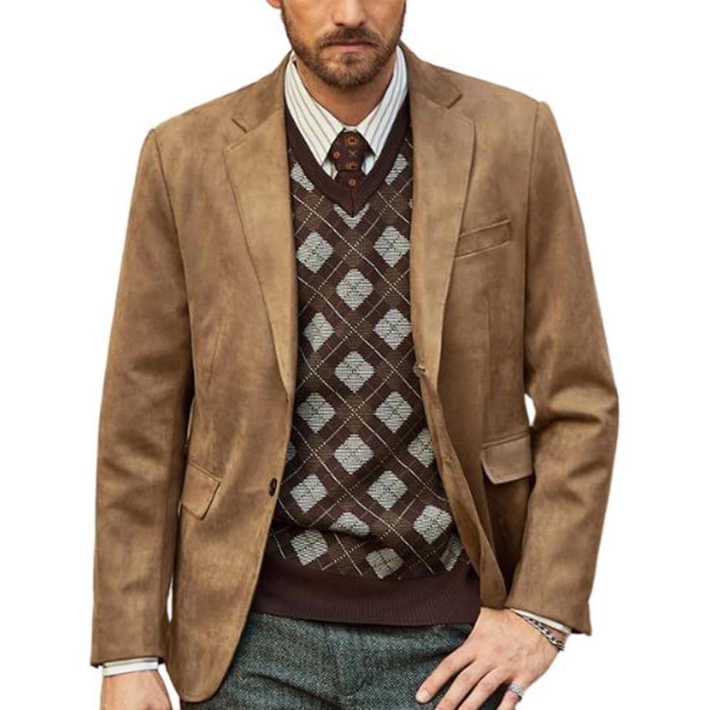 imagePJ PAUL JONES Mens Blazer Jacket Faux Leather Suit Jacket Casual 2 Buttons Suede Sport Blazer Coat with PocketsLight Brown