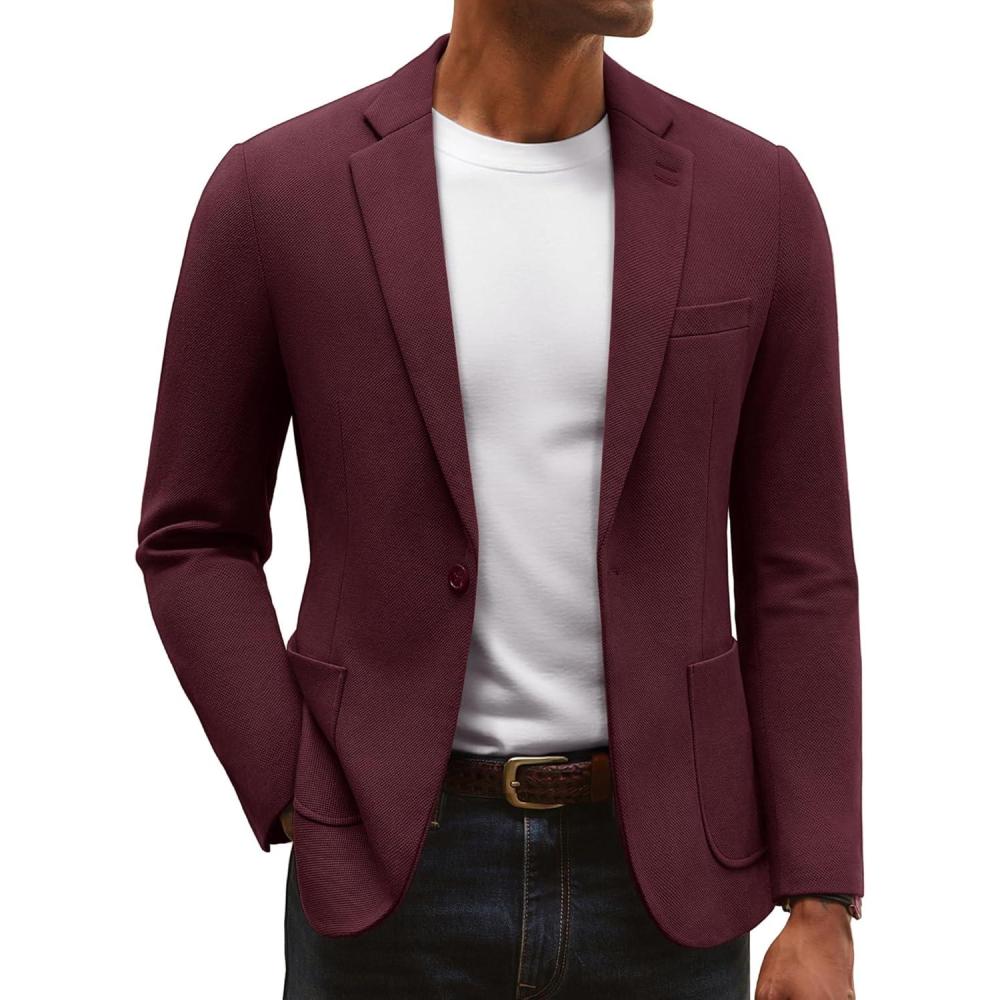 imagePJ PAUL JONES Mens Blazer Lightweight Knit Sport Coat Casual One Button Suit JacketsBurgundy