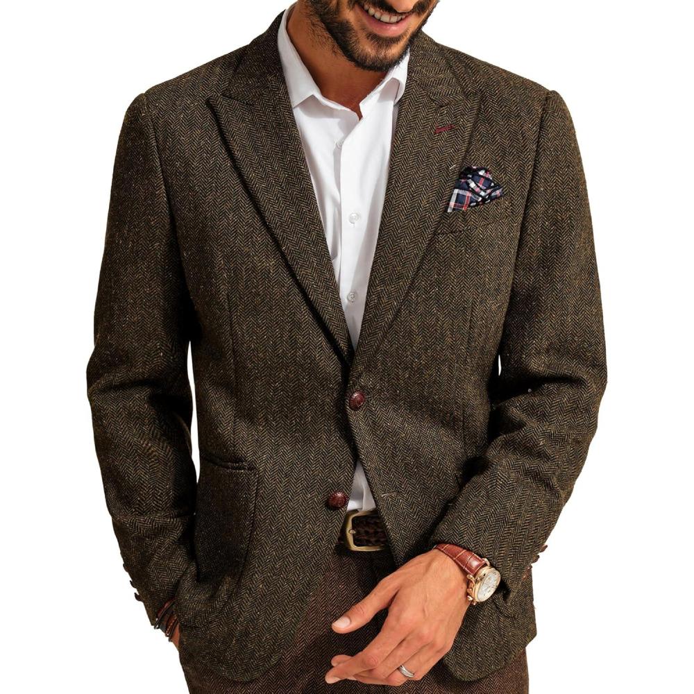 imagePJ PAUL JONES Mens Blazer Vintage Herringbone Tweed Blazer Two Button Wool Blend Sport Coat with Pocket SquareBrown