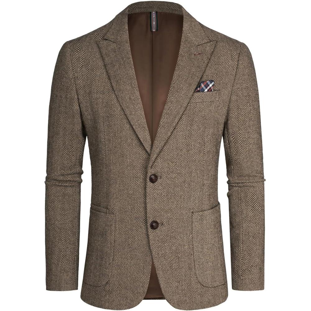 imagePJ PAUL JONES Mens Blazer Vintage Herringbone Tweed Blazer Two Button Wool Blend Sport Coat with Pocket SquareCoffeekhaki