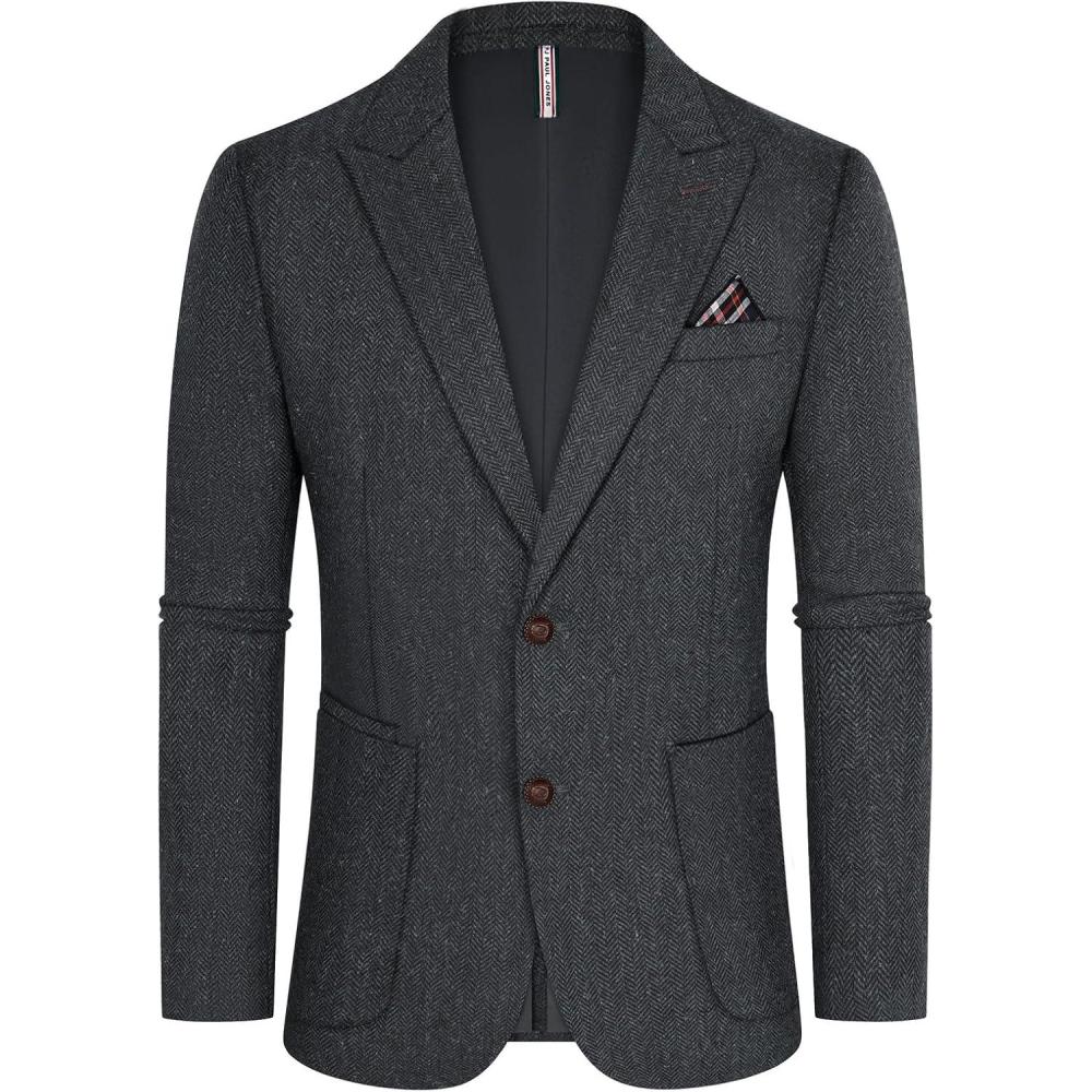 imagePJ PAUL JONES Mens Blazer Vintage Herringbone Tweed Blazer Two Button Wool Blend Sport Coat with Pocket SquareDark Grey