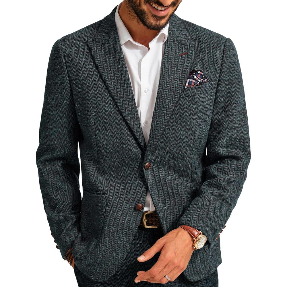 imagePJ PAUL JONES Mens Blazer Vintage Herringbone Tweed Blazer Two Button Wool Blend Sport Coat with Pocket SquareNavy Blue