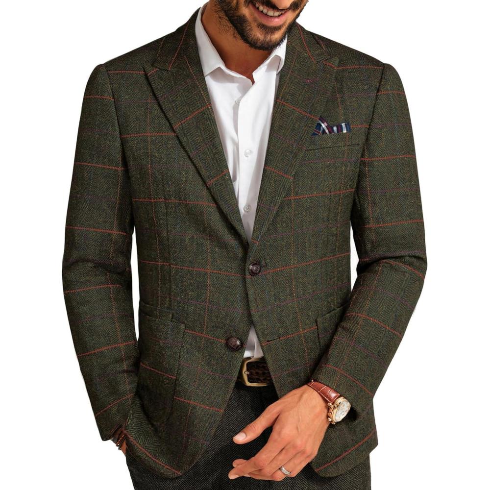 imagePJ PAUL JONES Mens Blazer Vintage Herringbone Tweed Blazer Two Button Wool Blend Sport Coat with Pocket SquareOlive Green Plaid