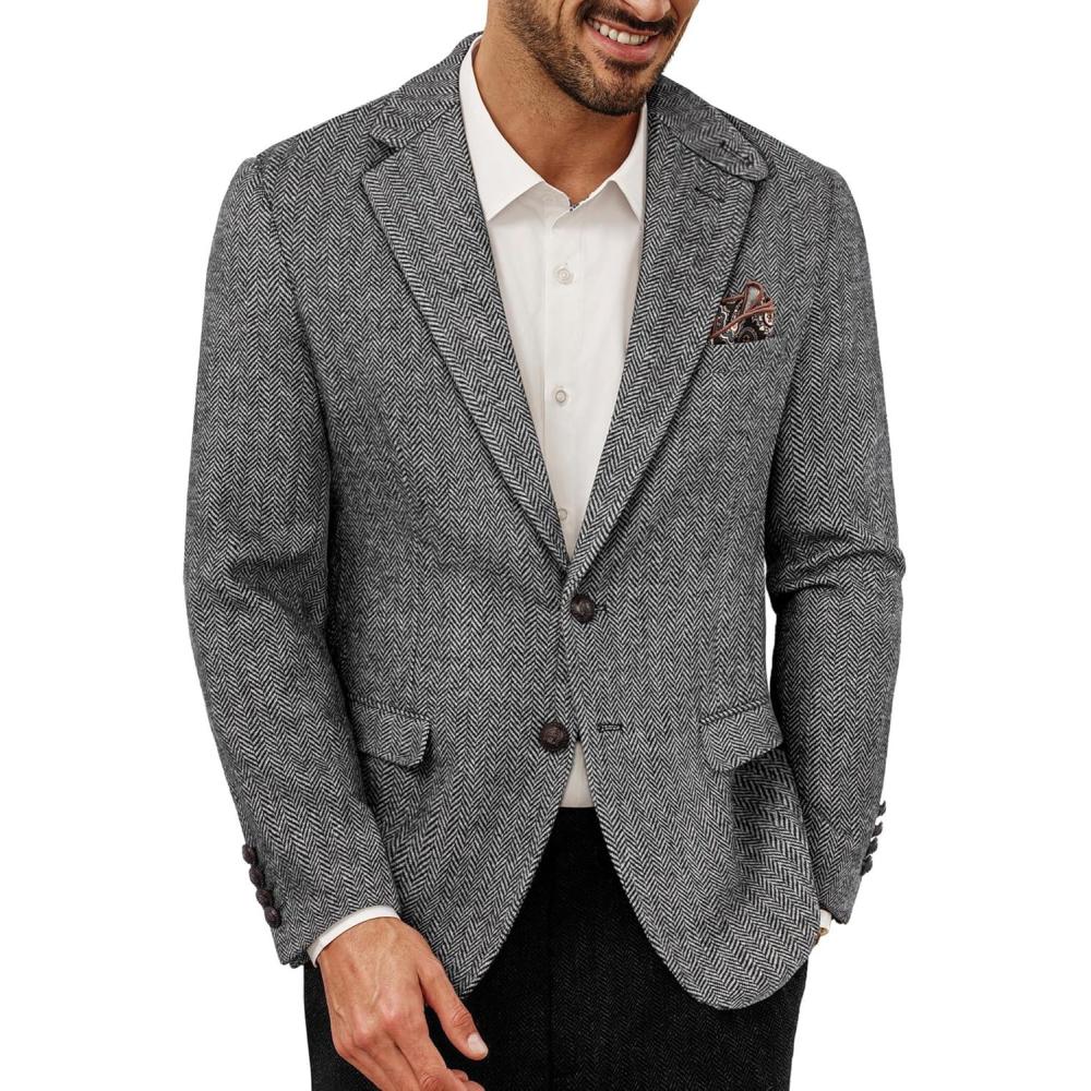 imagePJ PAUL JONES Mens Blazer Vintage Wool Blend Sport Coat Herringbone Tweed Blazer Suit Jacket with Pocket SquareGrey