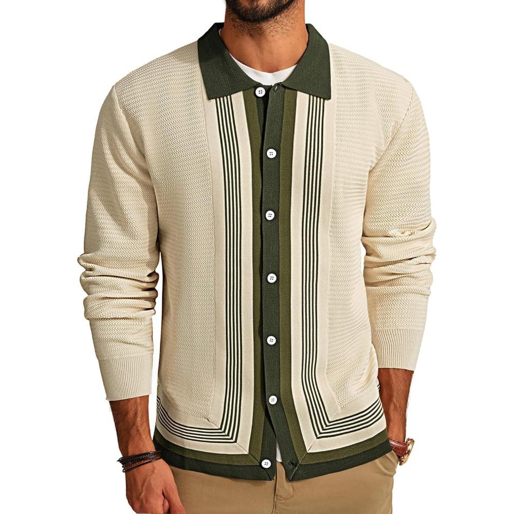 imagePJ PAUL JONES Mens Button Down Polo Shirts Striped Knitted Cardigan SweatersBeige