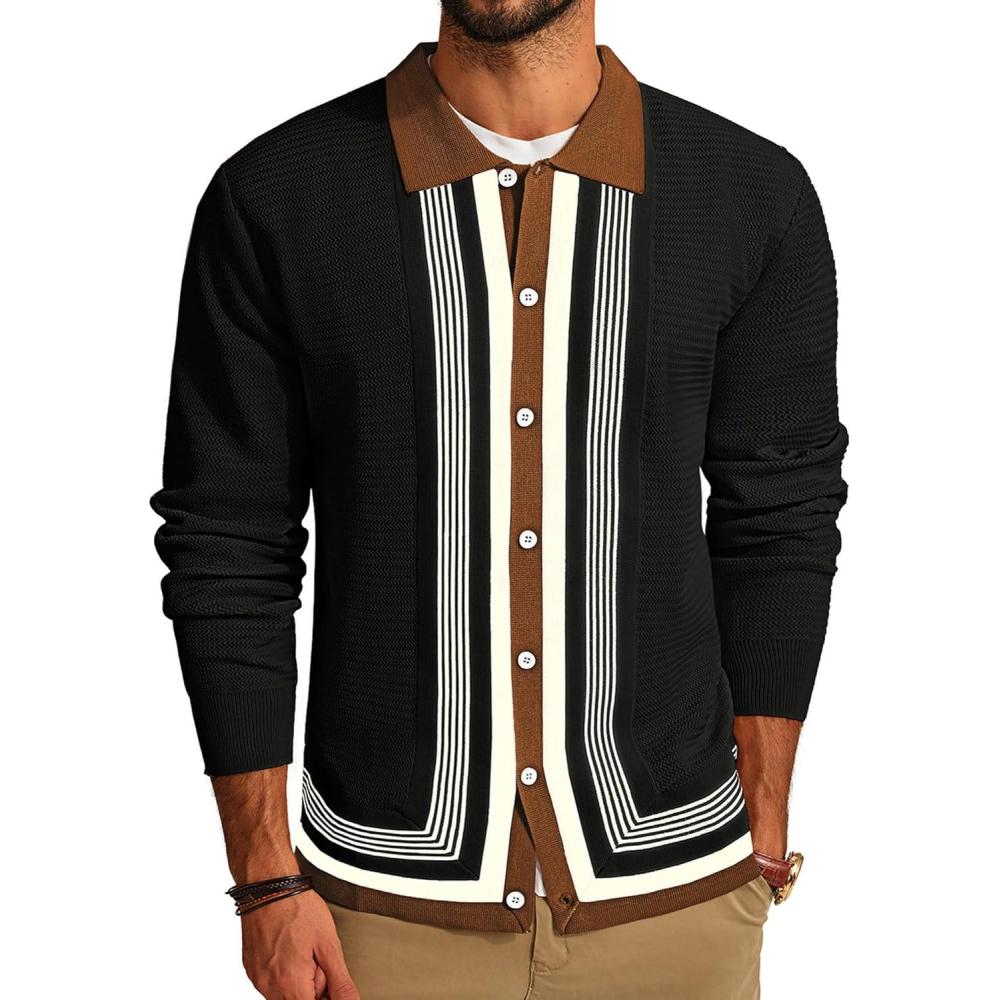 imagePJ PAUL JONES Mens Button Down Polo Shirts Striped Knitted Cardigan SweatersBlack
