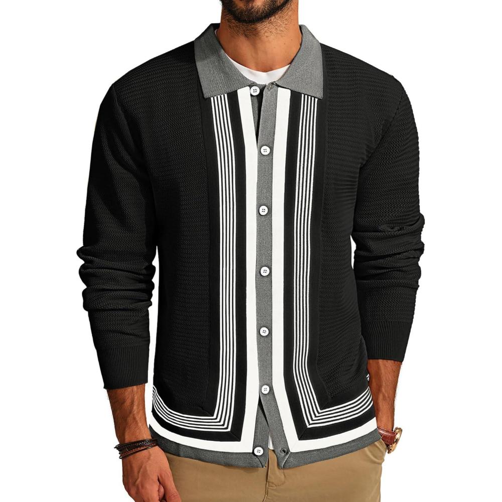 imagePJ PAUL JONES Mens Button Down Polo Shirts Striped Knitted Cardigan SweatersBlack Gray