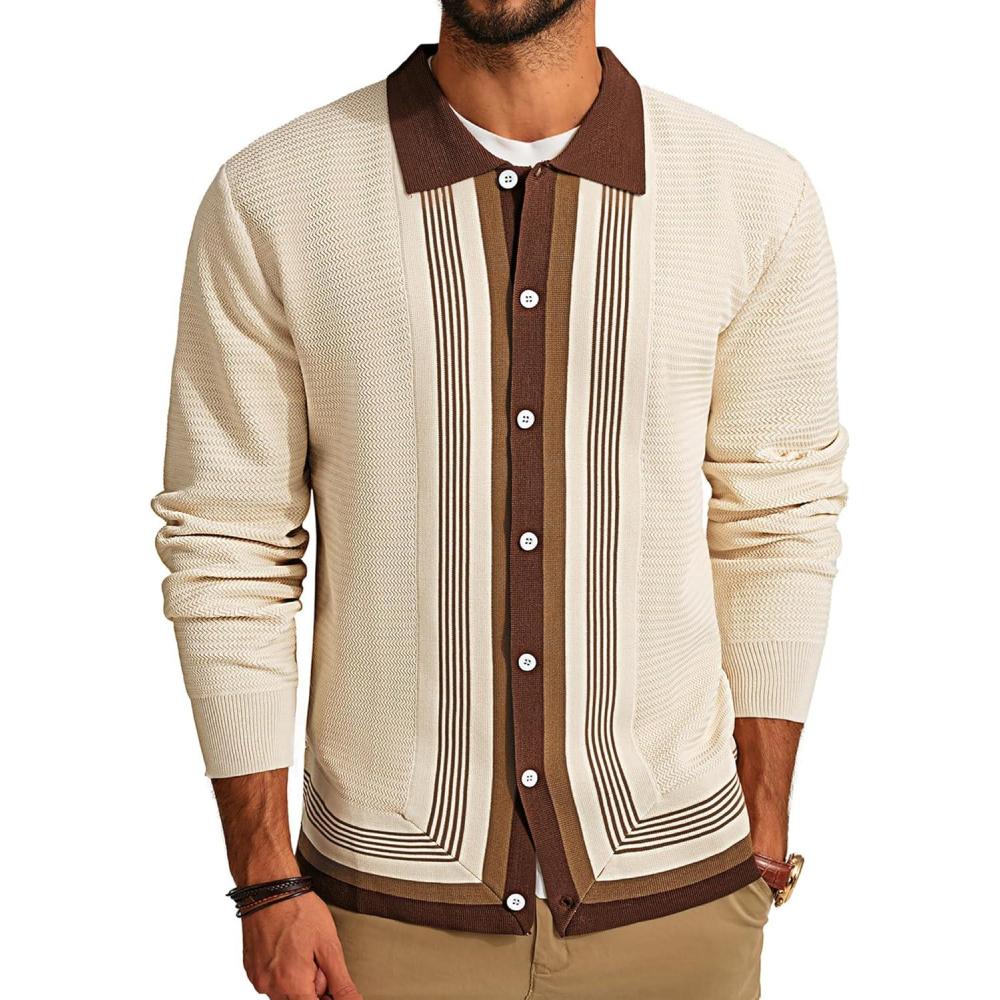imagePJ PAUL JONES Mens Button Down Polo Shirts Striped Knitted Cardigan SweatersWhite Brown