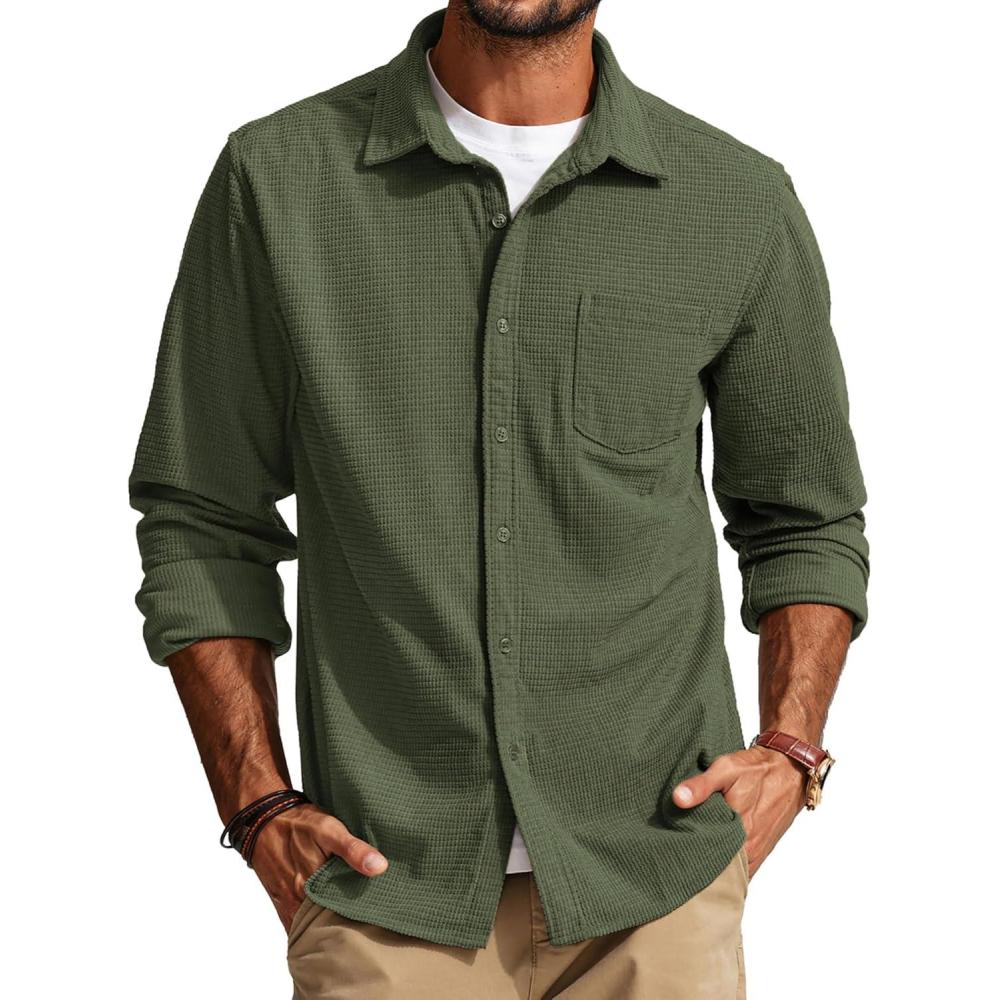 imagePJ PAUL JONES Mens Button Down Shirt Texture Wrinkle Free Shirts Long Sleeve Waffle Untucked ShirtArmy Green