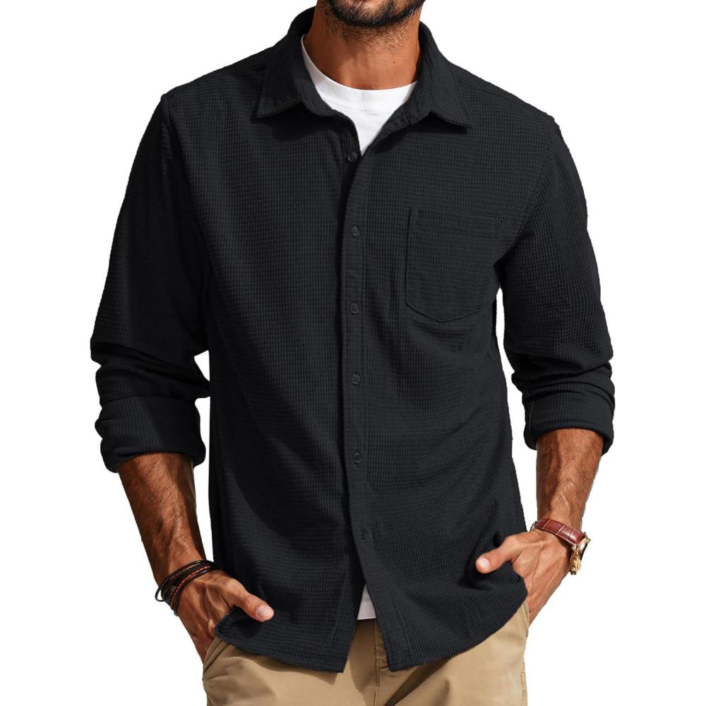 imagePJ PAUL JONES Mens Button Down Shirt Texture Wrinkle Free Shirts Long Sleeve Waffle Untucked ShirtBlack