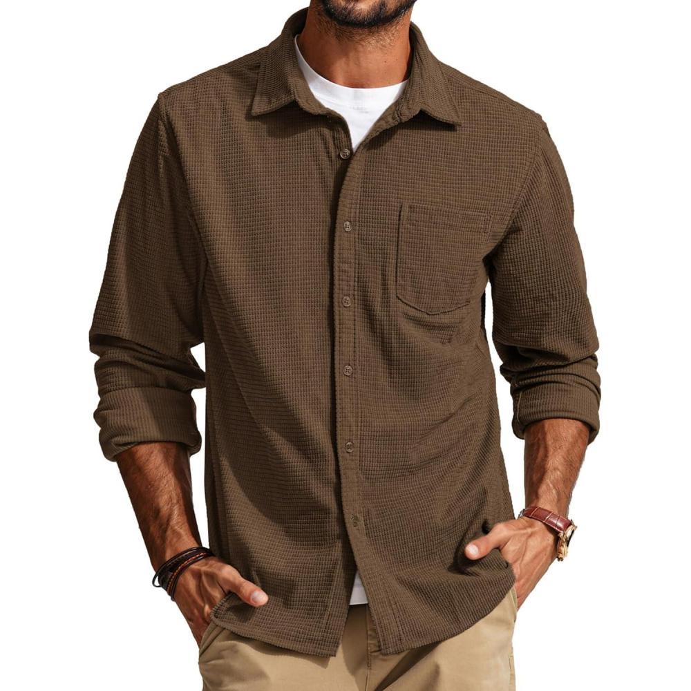 imagePJ PAUL JONES Mens Button Down Shirt Texture Wrinkle Free Shirts Long Sleeve Waffle Untucked ShirtBrown