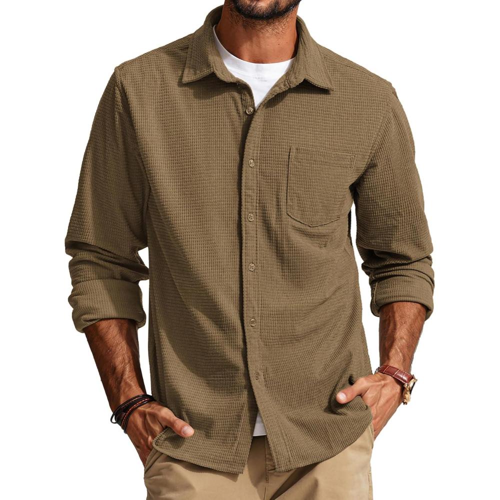 imagePJ PAUL JONES Mens Button Down Shirt Texture Wrinkle Free Shirts Long Sleeve Waffle Untucked ShirtCamel