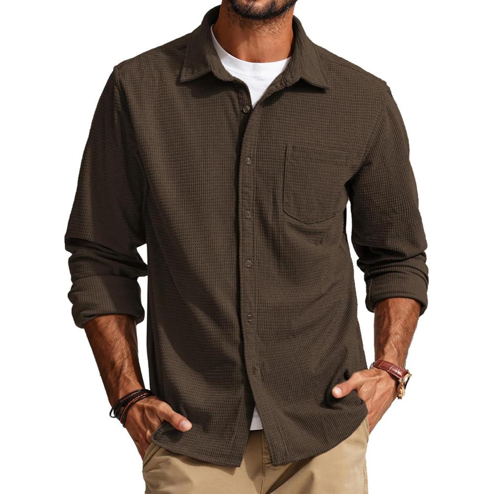 imagePJ PAUL JONES Mens Button Down Shirt Texture Wrinkle Free Shirts Long Sleeve Waffle Untucked ShirtCoffee