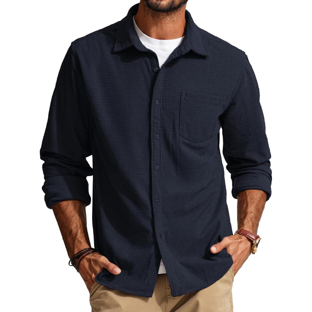 imagePJ PAUL JONES Mens Button Down Shirt Texture Wrinkle Free Shirts Long Sleeve Waffle Untucked ShirtDark Blue