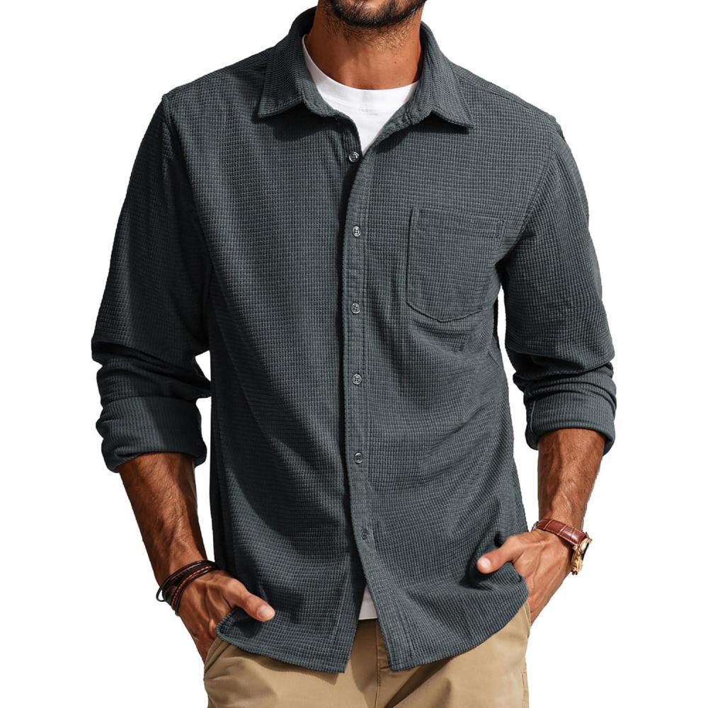 imagePJ PAUL JONES Mens Button Down Shirt Texture Wrinkle Free Shirts Long Sleeve Waffle Untucked ShirtDark Grey