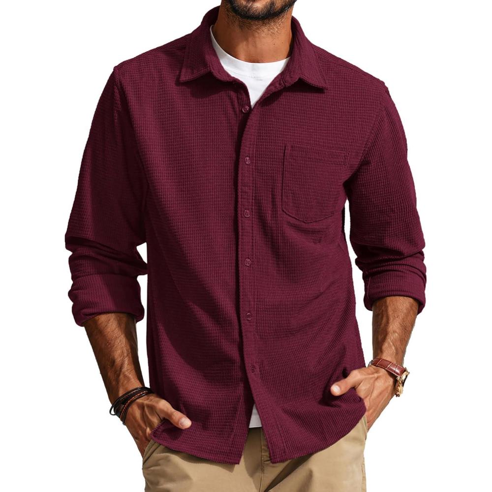 imagePJ PAUL JONES Mens Button Down Shirt Texture Wrinkle Free Shirts Long Sleeve Waffle Untucked ShirtDark Red