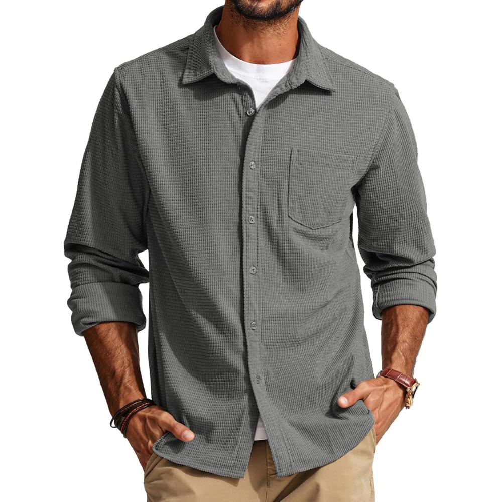 imagePJ PAUL JONES Mens Button Down Shirt Texture Wrinkle Free Shirts Long Sleeve Waffle Untucked ShirtGrey
