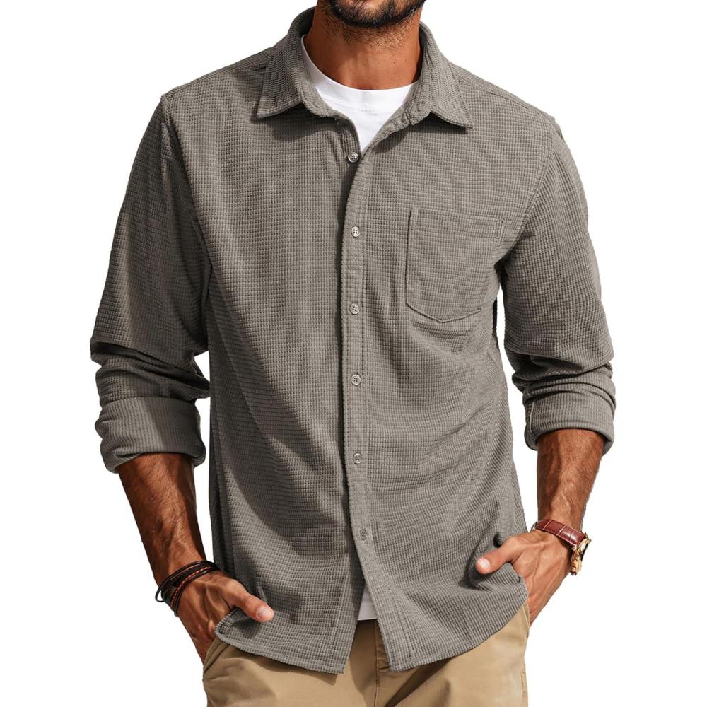 imagePJ PAUL JONES Mens Button Down Shirt Texture Wrinkle Free Shirts Long Sleeve Waffle Untucked ShirtGrey Green