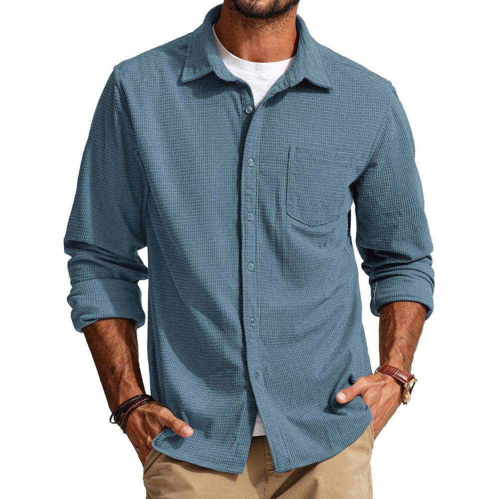 imagePJ PAUL JONES Mens Button Down Shirt Texture Wrinkle Free Shirts Long Sleeve Waffle Untucked ShirtSky Blue
