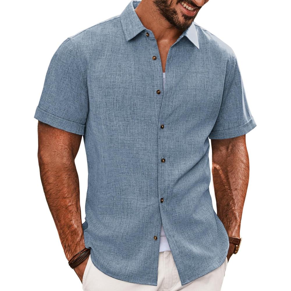 imagePJ PAUL JONES Mens Button Down Short Sleeve Shirt Casual Wrinkle Free Dress Shirt Summer Shirts with PocketLight Blue